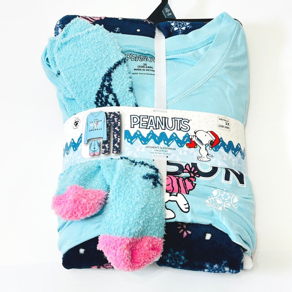 Peanuts Snoopy Womens 3 Piece Pajama Set Blue Fleece Pants Socks 3X 22W-24W NEW